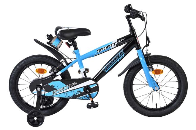 Volare | Jongens Kinderfiets Sportivo, 16 inch, Blauw Zwart, Twee Handremmen