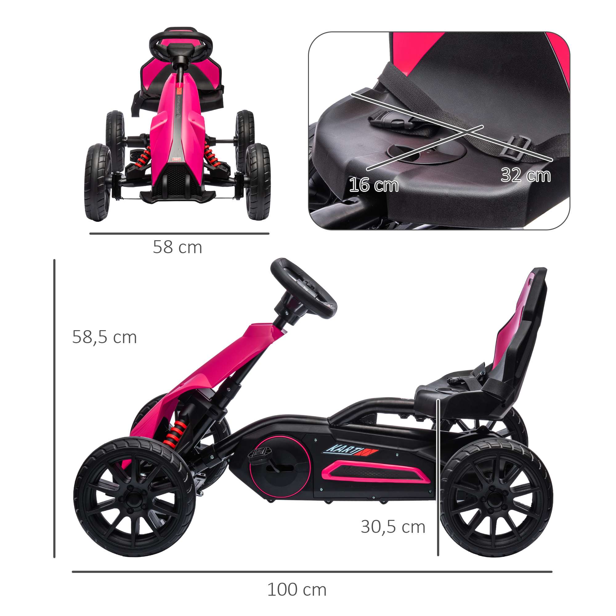 HOMCOM | Go Kart, Trap Skelter met handrem, 3-8 jaar, Roze - Afbeelding 9